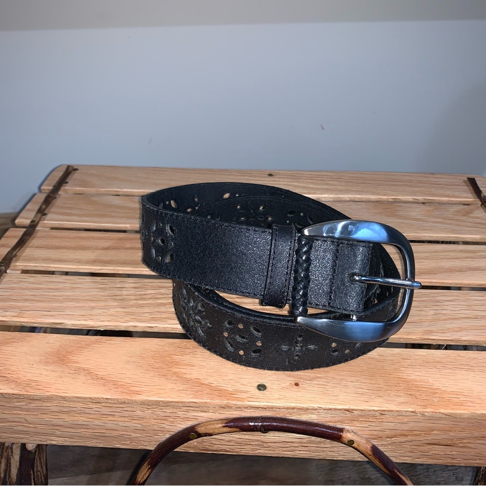 Black laser cut flower genuine leather belt size S/M